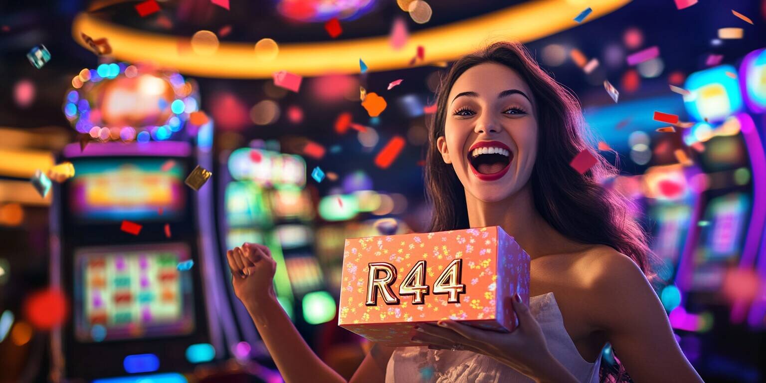 Young woman excited about R444 casino bonuses, holding a gift box with confetti flying around