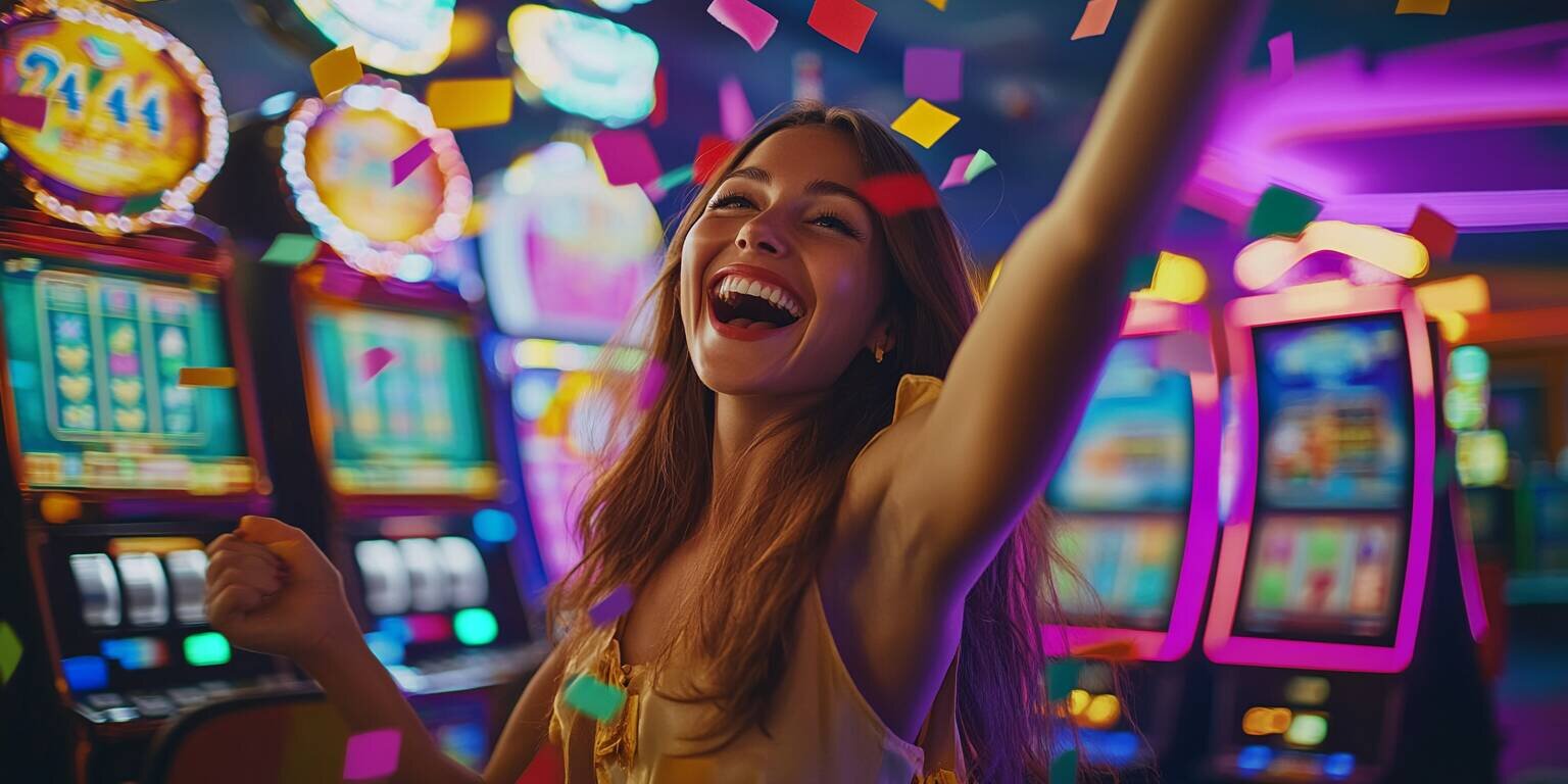 Young woman celebrating a big win at R444 online casino